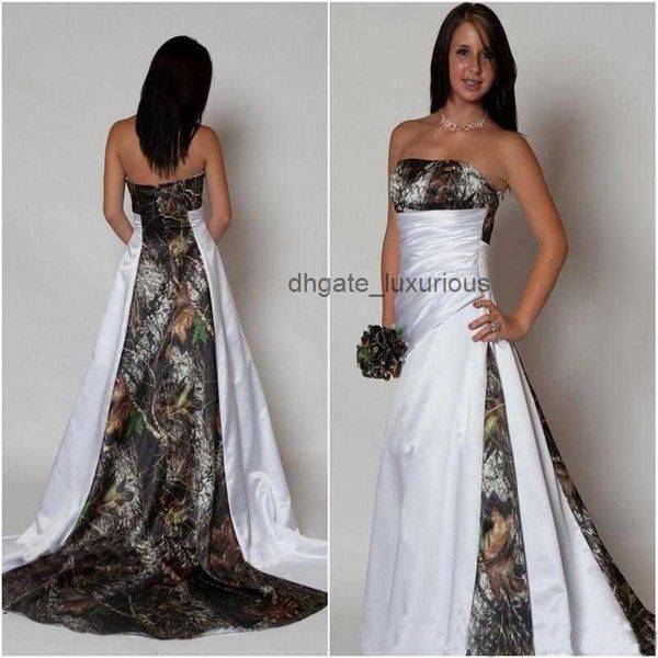 Nouvelles robes de mariée robe de mariée camouflage sans bretelles avec plies empire une ligne de balayage