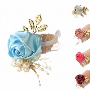 Nueva dama de honor Faux Rose Pulsera Boda Muñeca Ramillete Poliéster Ribb Bow Regalo nupcial Mano Fr Party Prom Supplies 94c6 #