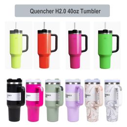 Nuevo vaso Quencher H2.0 de 40oz de Color brillante, Taza de Viaje aislada de acero inoxidable con tapa con asa, taza de paja para coche