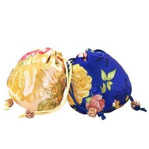 Nouveau lumineux petit cordon pochette fleur chinois soie brocart bijoux cadeau sac noël mariage fête faveur sac 3 pcs/lot