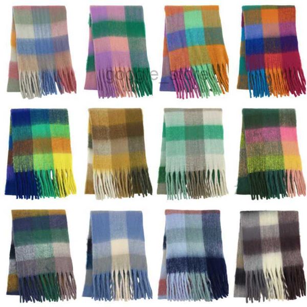 Nouveau britannique Ac automne/hiver écharpe femmes Double face arc-en-ciel Plaid couleur bloc chaud gland châle Mohair cou tendance