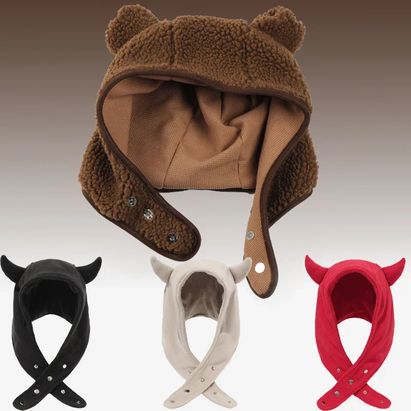 NEW Brown Bear Ear Hat Scarf Beanies Knitted Rockwool Magnetic Buckle Ear Men Women Autumn Winter Cute Skuilles Beanie Hat