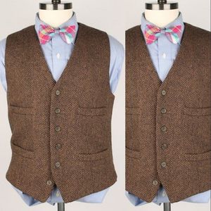 Nieuw bruin bruidegom vest 2019 grote visgraat lente slim fit wol mannen vest bruiloft groomsmen vest op maat gemaakt