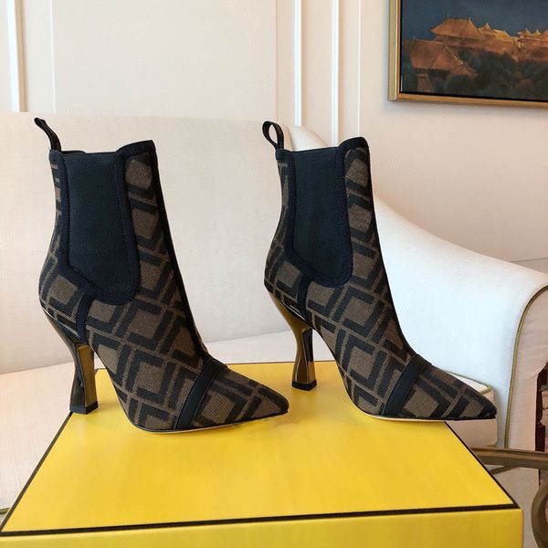 Nouvelles bottines Chelsea à talons hauts marron talon laqué bouts pointus bottines en maille semelle extérieure en cuir à enfiler bottines pour femmes chaussures de créateurs de luxe avec boîte