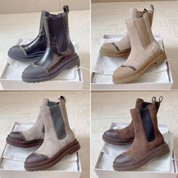 NIEUW Brunello Suede Chelsea Round TOES SHUKY platte enkellaarzen eenvoudige lage hiel gevecht laarzen mode laarsjes ontwerper schoenen fabrieksschoenen schoenen
