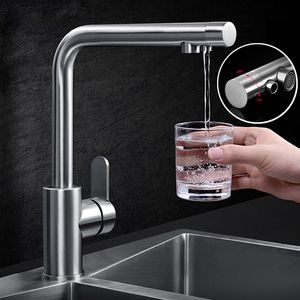 Nouveau robinet d'évier de cuisine brossé 304 filtre à eau chaude et froide en acier inoxydable robinet de cuisine à eau potable