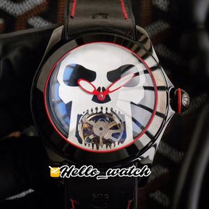 NIEUWE BUBBLE L390 / 03694 PVD Black Steel Case Tourbillon White Skull Dial Autoamtci Mens Watch Fun Gisheye Glas Leren Horloges Hello_Watch