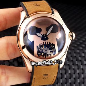 Nieuwe Bubble Rose Gold Case L390 / 03694 Skull TOTEM Dial Tourbillon Automatic Mens Horloge Fisheye Glas Bruin Lederen Sport Horloges Watch_Zone