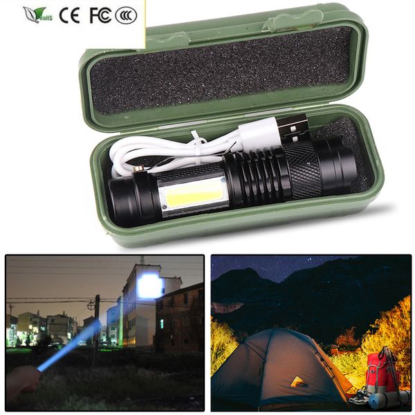 Nueva batería incorporada Nuevo diseño XP-G Q5 Linterna de carga USB COB LED Zoomable Lámpara de antorcha táctica impermeable Bombillas LED Yunmai