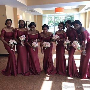 Nieuwe Bordeaux Bruidsmeisjekleding Nigeriaanse Zuid-Afrikaanse Elegant Off Schouder Zeemeermin Lovertjes Mouw Lange Bruidsmeisje Jurken Plus Size
