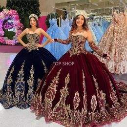 Nieuwe Bourgondische korset Quinceanera -jurken met verwijderbare lange mouwen fluweel applique Sweet 16 jurk Undefined Vestidos de 15 anos