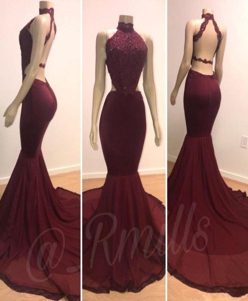 Nouvelles robes de soirée de bal bordeaux 2019 vrais mannequins licou cou dos ouvert sexy coupe côté appliques paillettes longue train soirée 7492793