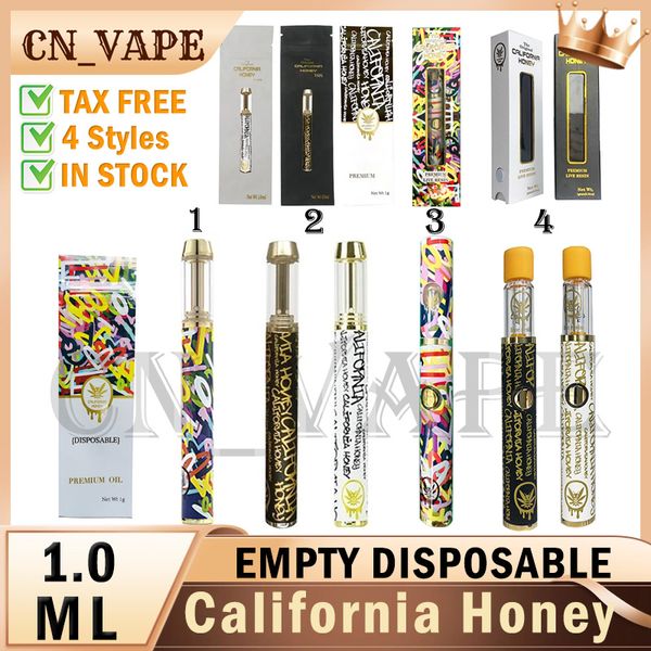 NOUVEAU Miel de Californie avec boîte Stylos jetables 1,0 ml Vaporisateurs en or noir Cigarettes électroniques vides Batterie rechargeable Goût pur pour sac d'emballage d'huile épais