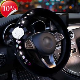 Nieuwe Camellia Bloem Steentjes Pluche Bont Stuurwiel Covers Bling Crystal Auto Steering Bedekt Vrouwen Auto-interieur Accessoires