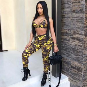 Women's Trainingspakken Camouflage 2 Stuk Set Vrouwen Twee Outfits Bra Crop Tops Button ZIP Skinny Lange Broek Dameskleding Sexy Club Kleding