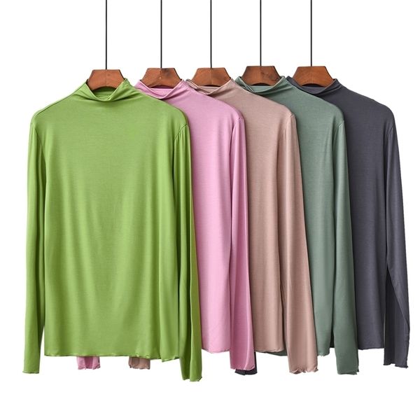 Nouveau Candy Couleur Spring Automne T-shirt Femmes Corée Style T-shirt à manches longues 95% coton Slim Fit Femmes Tshirt Tee Shirt Femme 3XL 210324