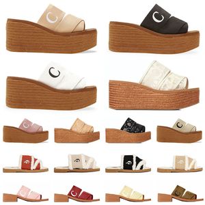 Nouvelles pantoufles en toile chaussures pour femmes dentelle Lettrage Woody Platforms pantoufles plates Mode décontractée Sandales confortables en cuir été Khaki Green Blue Beach chaussures pour femmes