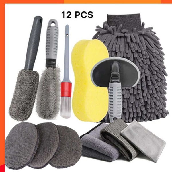 Nouvelle voiture Beaut 12 pièces ensemble de brosses de détail brosse de pneu polissage épilation à la cire éponge moyeu de roue gant de lavage nettoyage outils de toilettage accessoires