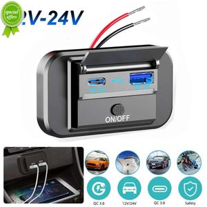 New Car Bus 12V/24V USB PD and QC 3.0 Dual Port Car Charger Socket Car Outlet Adapter with Button Switch Fast Charging