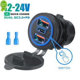 Nouveau chargeur de voiture 68W Dual QC 3.0 USB PD Type-C Triple prise allume-cigare 12-24V avec interrupteur tactile pour voiture bateau Marine RV