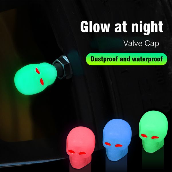 Tapas de válvula de neumático de coche, cabeza de calavera fluorescente, tapa de boquilla para motocicleta y bicicleta, decoración, cubierta de enchufe de rueda brillante nocturna, accesorios para coche