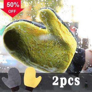 Nouveaux gants de nettoyage de lavage de voiture serviette en microfibre molletonnée de corail doux double face gants de nettoyage absorbants pour le corps fournitures de poussière