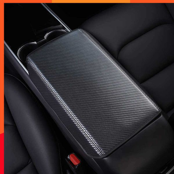 Nouveau Fibre De Carbone Voiture Centre Console Accoudoir Boîte Coussin Tapis Pad Couverture Auto Accoudoirs Boîte De Rangement Couverture Pad Protection pour Tesla 3 Y