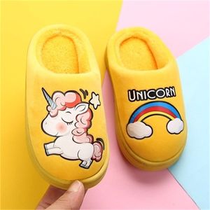 Nuevos dibujos animados Rainbow Unicorn Zapatillas Niños Slipper Winter Skidproof Baby Home Indoor Boys Girls Warm Cotton Slipper Kids Shoe 201113