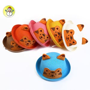 Nieuwe Cartoon Tijger Kinderen Straw Hat Flens Boys Meisjes Strand Sun Hat 2-5 Yeas Old Kids Dome Cap Kids-7 Whosales