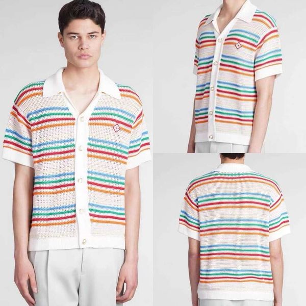 Nouveau Casablanca 24ss Designer Tricoté Bouton Creux À Manches Courtes Chemise Manteau Hommes et Femmes Casual Polyvalent Arc-En-Stripe Laine Cardigan Pull Polos Tops Casablanc