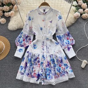 Nouvelles robes décontractées d'été imprimé fleuri bouton mince dame robe une ligne col rond en mousseline de soie simple boutonnage femmes robes 2023