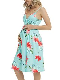 Nouvelles robes décontractées Summer Femme enceinte Floral Momy Vêtements Mommy en V V Sans manches Sous-manches Soldants maternité