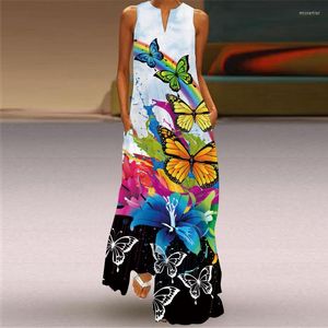 Nouvelles robes décontractées Vintage Encre Papillon Longue Robe Femmes Mode Soirée Maxi Fête Plage Sans Manches Sexy Élégant Été Robe D'été