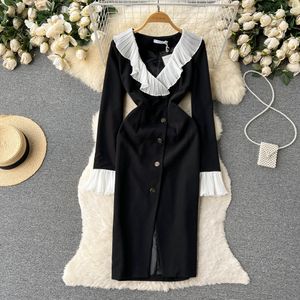 Nouvelles robes décontractées Vintage printemps automne solide mince bouton complet dame robe une ligne col en V en mousseline de soie pull mi-mollet femmes robes2023