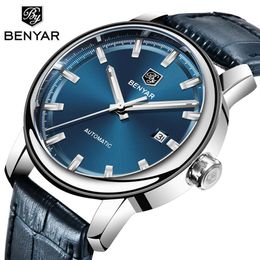 Nuevos relojes de cuero informales a la moda para hombre BENYAR marca superior de negocios automático mecánico para hombre reloj deportivo Relogio Masculino248g