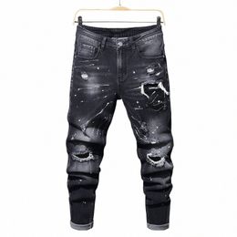 Nouveau Jeans déchirés décontractés pour hommes, points de peinture, éclaboussures d'encre, doux, étiquette en cuir élastique, noir, gris, pantalon Slim, d2M7 #