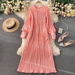 Nieuwe informele lente Casual jurken Autumn Solid Slim Full Lady Dress A Line O Neck Chiffon Pullover High Taille Mid-Kalf Vrouwen Jurken 2023