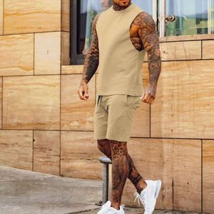 Nieuwe casual dunne kwartbroek mouwloze top vaste kleur Kam schouder shorts tweedelig sportset voor mannen M515 33