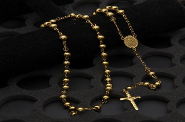 Nouvelle déesse catholique Virgen de Guadalupe Perles de 8 mm 18K Collier de chapelet plaqué d'or