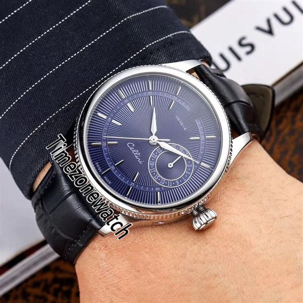 Nuevo Cellini M50519-0011 Miyota 8215 Reloj automático para hombre Bisel de acero estriado Esfera con textura azul Relojes de cuero negro Timezonewatch 2071