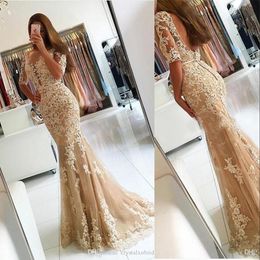 Nieuwe champagne kant -appliques kralen tule mermaid prom jurken half mouwen sexy backless illusie pure feest lange avondjurk jurken