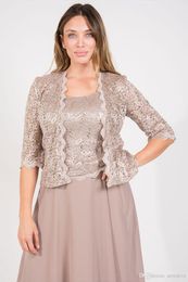 Nieuwe champagne moeder van de bruid jurken twee stukken kanten chiffon halve mouwen knie lengte plus size midden midden -oosten bruiloft gasten