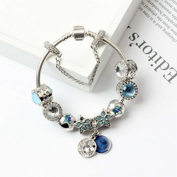 Nuevas pulseras con dijes para ojos de gatos azules, pulsera de cuentas de plata 925, brazalete con estrellas brillantes y Luna, joyería Diy 301R