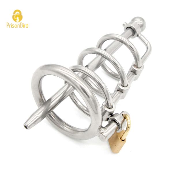 Nuevo Dispositivo de Castidad masculina de acero inoxidable con 3 anillos de pájaro casto/cinturón con catéter, jaula para pene, anillo para pene, bloqueo de pene, juego para adultos A061