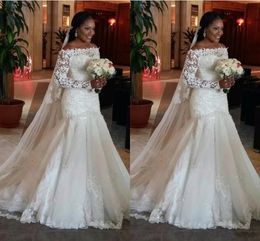 Nouvelle robes de mariée sirène arabe bon marché Bateau hors épaule appliques en dentelle perle plus taille de balayage noire fille formelle