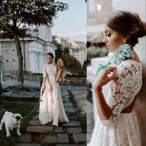 Nouveau pas cher robes de mariée d'été bohème une ligne pleine dentelle trois quarts manches pays dos ouvert longueur de plancher plus la taille robe de mariée formelle