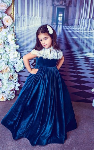 2023 Vestidos encantadores para niñas de flores Borgoña Terciopelo azul real Mangas cortas Vestido de bola de cristal Vestidos largos de cumpleaños Vestidos de desfile para niñas de primera comunión
