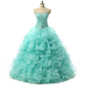 Robes de Quinceanera bleu menthe bon marché 2021 robe de bal avec cristaux perlés bal doux 16 robe Stock taille 2-4- 6-8-10-12-14-16 QC185