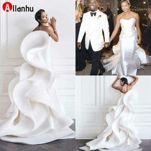 NOUVEAU Volants Pas Cher Robes Blanches Chérie Balayage Train Jupes À Volants Satin Sirène Robes De Mariée Africaine Plus Taille Robe De Mariée