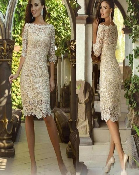 Nuevo barato Vintage Full Lace Champagne Madre de los vestidos de novia fuera del hombro Medias mangas Hasta la rodilla Invitado de boda personalizado Eveni7965843